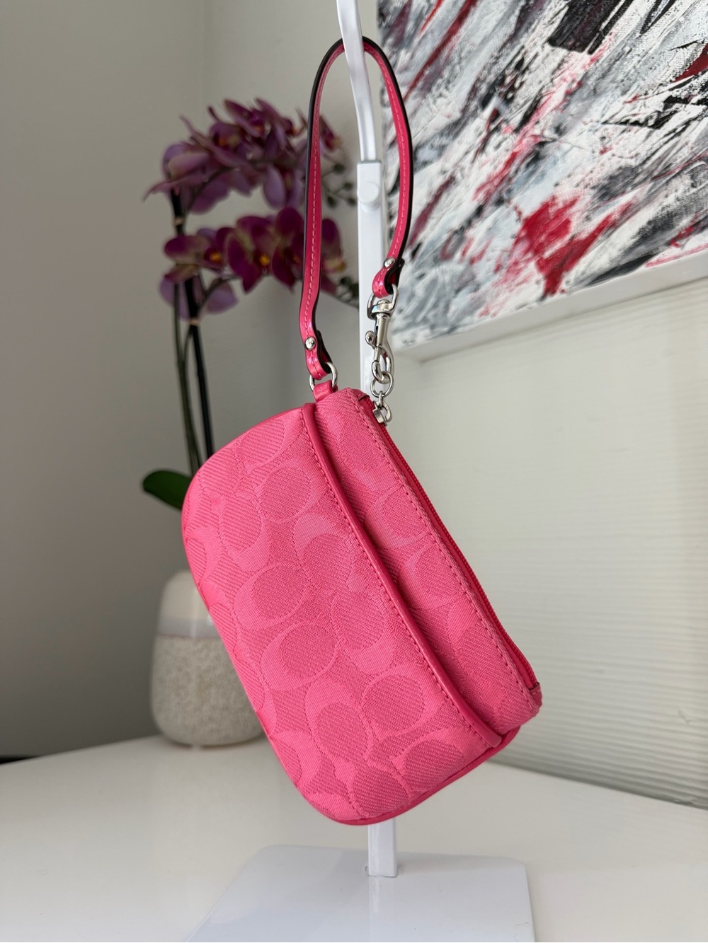 Coach Hot Pink Signature Jacquard Wristlet
